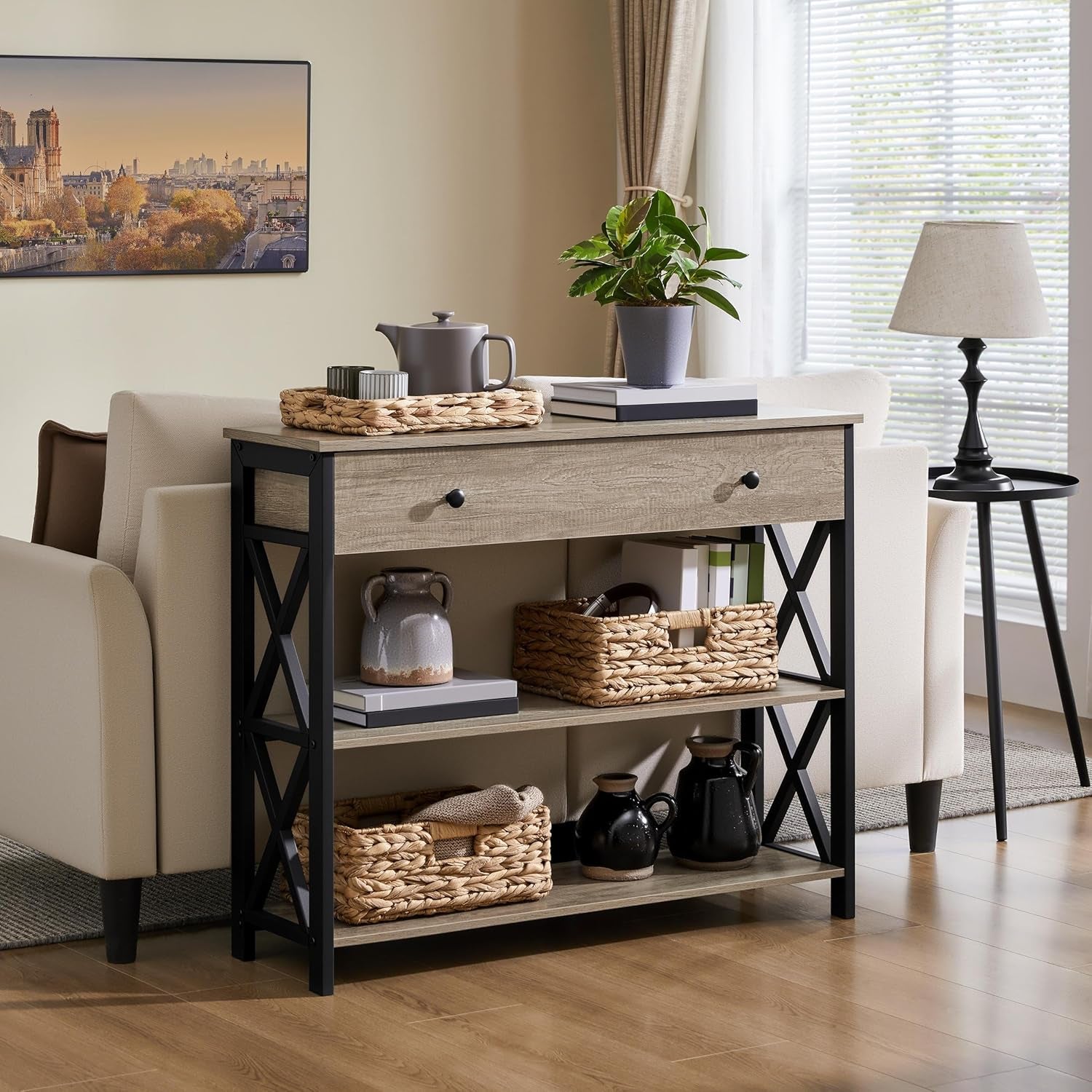 Yaheetech Console Table with Drawer, Entryway Table with 3 Tier Storage Shelves, Narrow Long Sofa Table for Entryway, Living Room, Hallway, Couch, Kitchen, Metal Frame, Gray