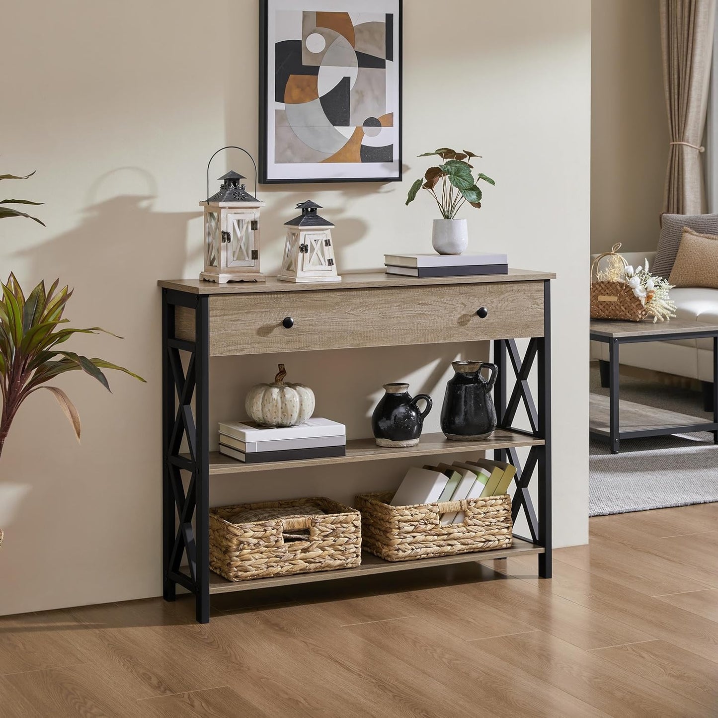 Yaheetech Console Table with Drawer, Entryway Table with 3 Tier Storage Shelves, Narrow Long Sofa Table for Entryway, Living Room, Hallway, Couch, Kitchen, Metal Frame, Gray