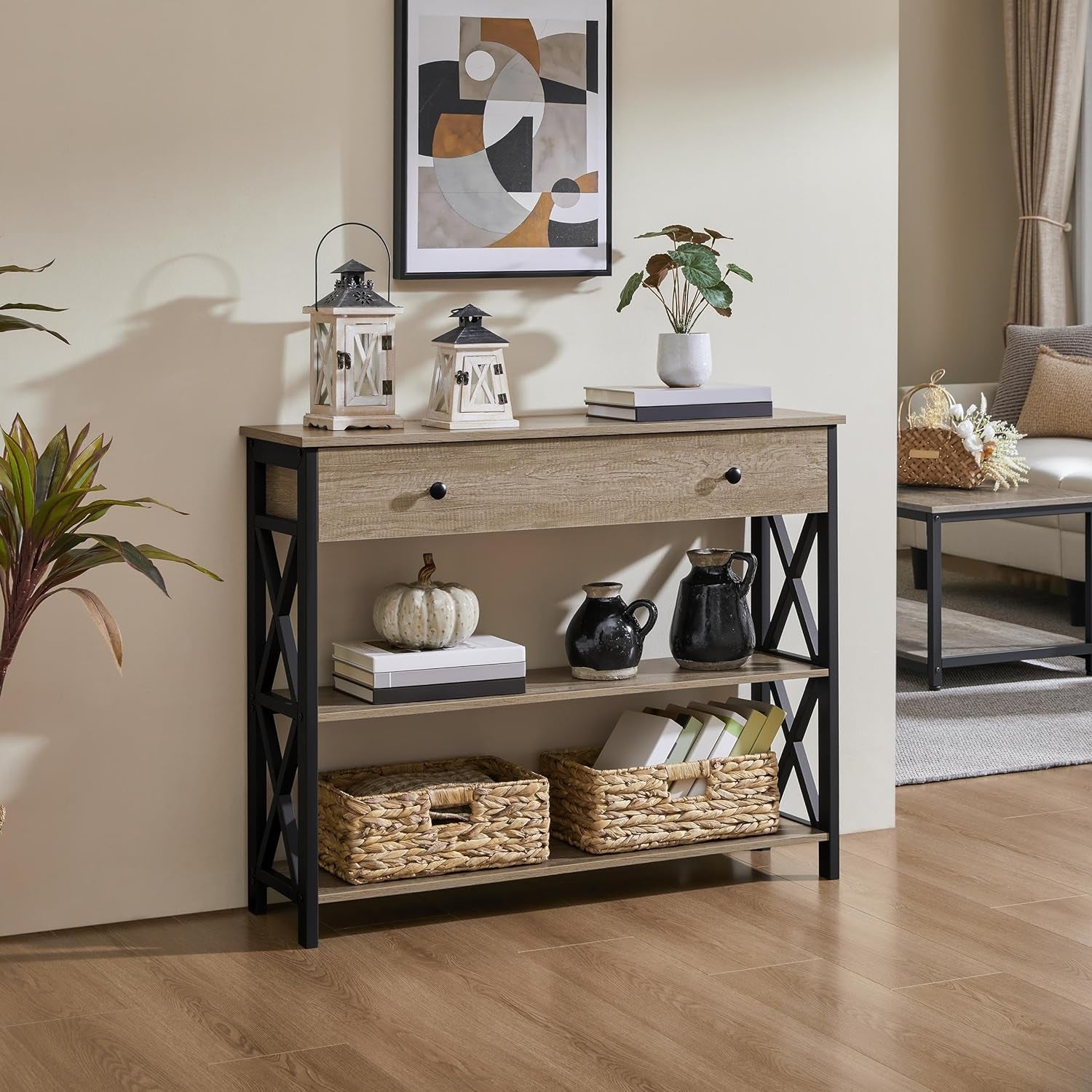 Yaheetech Console Table with Drawer, Entryway Table with 3 Tier Storage Shelves, Narrow Long Sofa Table for Entryway, Living Room, Hallway, Couch, Kitchen, Metal Frame, Gray